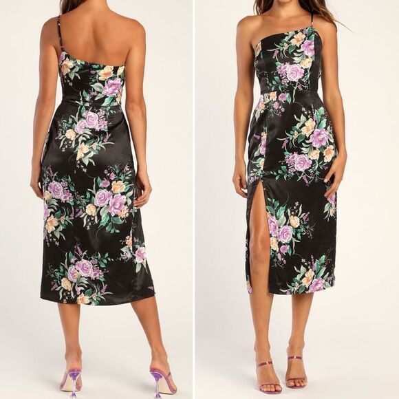 NWT Lulus Keepin' It Chic Black Floral Satin One-Shoulder Midi Dress Size Medium - Picture 11 of 14